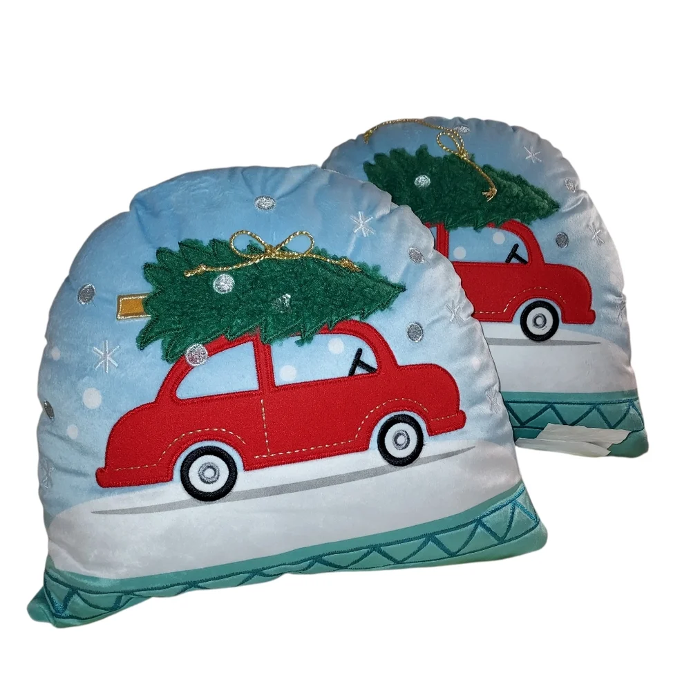 New Lot Of 2 Red Car W/ Christmas Tree Pillows in Light Blue Decor (14